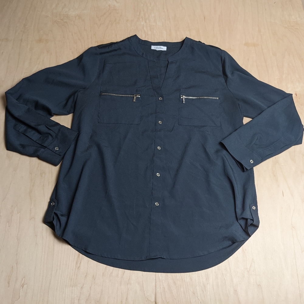 Calvin Klein, Silver Zip, Satin Sapphire Button Down (2X)